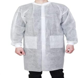 Disposable Lab White Coat 2 Pocket, 4 Press Button with Elastic Cuff